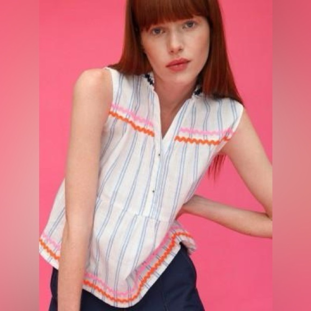 VILAGALLO Top Bruna Shirt niza stripe Sleeveless Cotton Gauze Half Button RicRac